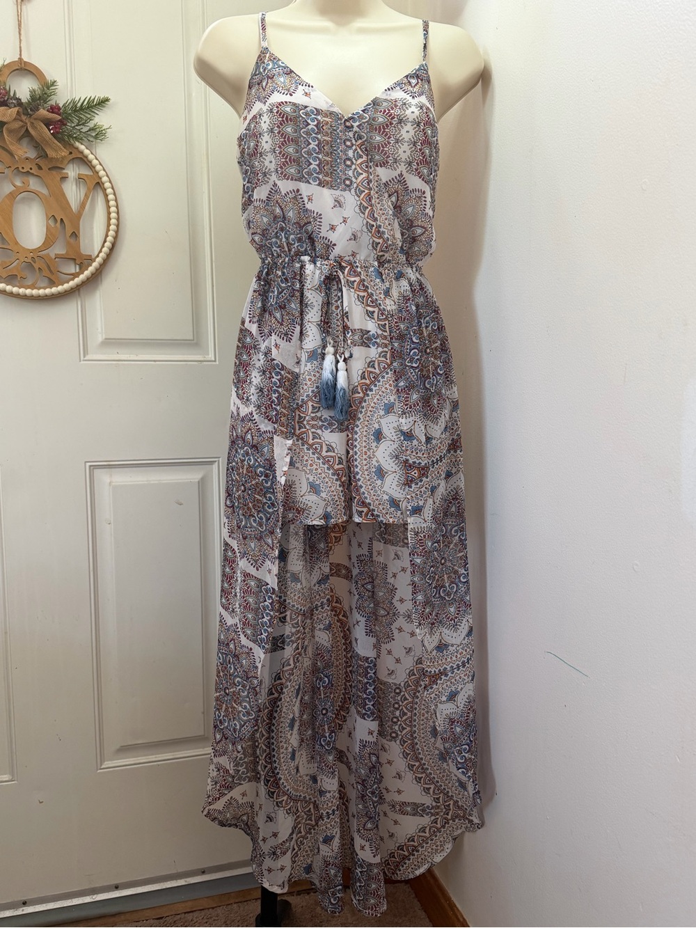 Lily Rose White Maxi Dress with Blue and Brown Paisley